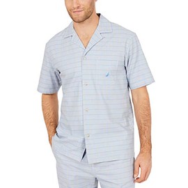 Nautica Men's Short Sleeve 100% Cotton Soft Woven Button Down Pajama Top, Grey, Large