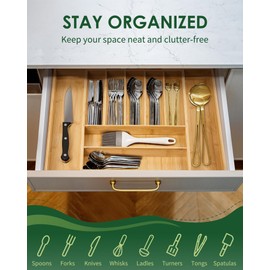Upolana Premium Bamboo Expandable Drawer Organizer, 7-9 Slots Adjustable Kitchen Drawer Organizer for Large Cooking Utensils Cutlery, Kitchen Drawer Organization - S37011
