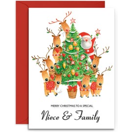 Niece & Family Christmas Card - Decorating the Tree - Medium Sized Card (A5 Size -148mm x 210mm) with Envelope