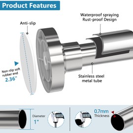 Bonpally Shower Curtain Rod 32-75 Inches Adjustable, Non-Slip Spring Tension Shower Rod Stainless Steel for Bathroom, No Drilling, Chrome