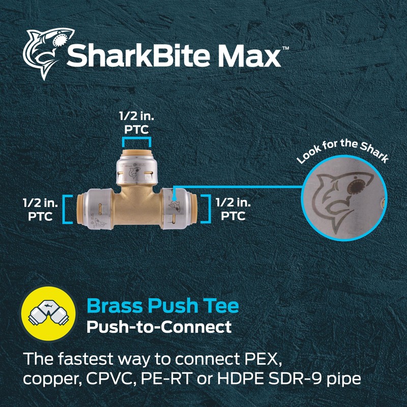 SharkBite Max 1/2 Inch Tee, Push to Connect Brass Plumbing