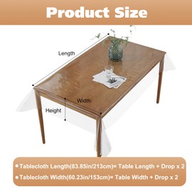 Incisite Clear PVC Table Cloth, Waterproof Wipe Clean Plastic Table Cover, Transparent Tablecloth, Oil Proof Rectangle Tablecloth Protector for Dining Tables Kitchen Picnic Outdoor Indoor (213x153cm)