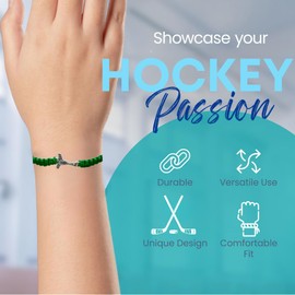 Sportybella Ice Hockey Bracelet - Hockey Jewelry Gift for Players, Teams, Coaches, and Hockey Moms - Green Adjustable Wristband with Silver Hockey Stick Charm