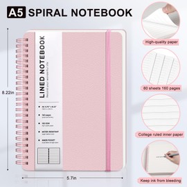 Lined Spiral Journal Notebook, A5 Hardcover Leather Notebook for Work, 5.7''×8.2'', 100GSM Thick Paper Spiral Bound Journaling Notebooks for Women & Men Office School Note Taking Business, Pink