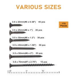 binifiMux Drywall Screws, #6#7 Black Wood Screws, Screws Assortment Kit, Coarse Thread Sheetrock Screws Set, Phillips Drive Self Tapping Dry Wall Screws,170 Pcs, 3/8"/ 1" / 1.2" / 1.56" / 2"/ 2.75"