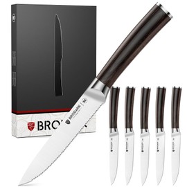 BRODARK Steak Knives Set of 6: 4.5 Inch Serrated Dinner Knives with Wood Handle - High Carbon Stainless Steel Steak Knife - NSF Certified Food Grade Steel, Rust Resistant & Never Need Sharpening