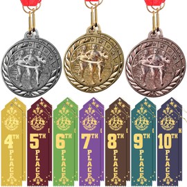 Loetere 20 Pcs Cross Country Awards Set Gold Silver Bronze Cross Country Medals with Neck Ribbons 4th Place to 10th Place Ribbons with Running Runner Medals for Sports Party Participation Winner