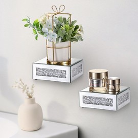 Hoowen Small Floating Shelves 2 Pack, 5 Inches Silver Crushed Diamond Glass Shelf Wall Decor for Living Room Bathroom Bedroom, Elegant Mirrored Crystal Riser Candle Sconces for Home Decor