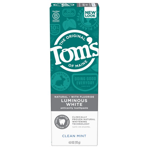 Tom's of Maine Natural Luminous White Toothpaste with Fluoride, Clean Mint, 4.7 oz. (Packaging May Vary)
