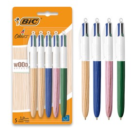 BIC 4 Colours Ballpoint Pen Set 4 Colours Wood Effect, Pack of 5, in Wood Look, Refillable, Ideal for the Office, Home Office or School, 1 Piece (Pack of 5)