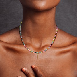 Yifnny Colorful Beaded Initial Necklaces, Gold Letter Pendant Initial Necklace Colorful Jewelry Boho Choker Multicolored Beads Necklaces summer Beaded Chain Rainbow Jewelry for Women (I)