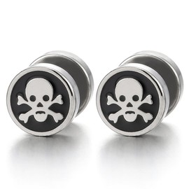 2pcs Steel Pirate Skull Circle Stud Earrings for Men Women, Silver Black Cheater Fake Ear Plug Gauge(CA)
