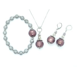 Schmuckset Ohrringe, Halskette und Armband aus Edelstahl, Hämatit und violetten Muranoglasperlen