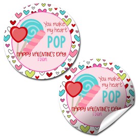 You Make My Heart Pop Lollipop Themed Valentine's Day Sticker Labels, 40 2" Party Circle Stickers by Amanda Creation, Great for Party Favors, Envelope Seals & Goodie Bags