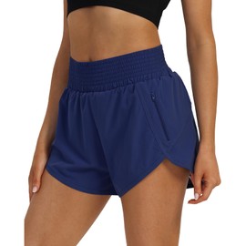 SAFWAK - Pantalones cortos deportivos de cintura alta para mujer, de secado rápido, deportivos para correr, con bolsillo con cierre, Azul marino, X-Large