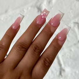 RikView Pink Press on Nails Medium Stick on Nails French Tips Nails Square Fake Nails Glossy Full Cover Nails 24 PCs/Set