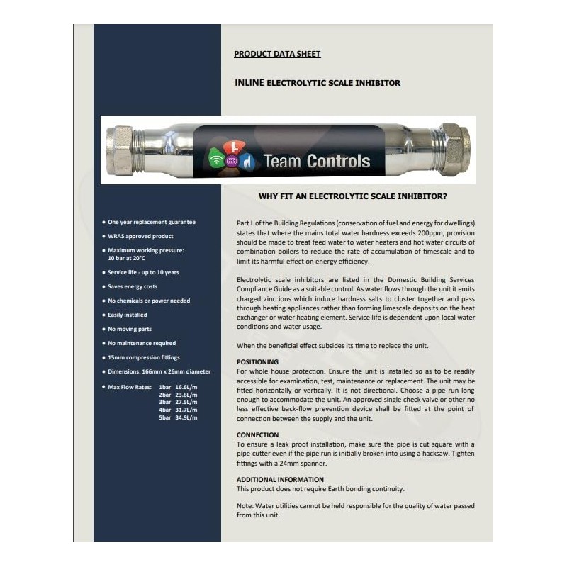 Team Controls Electrolytic Inline Scale Reducer Inhibitor 15mm Compression WRAS
