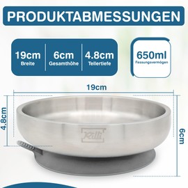 Rilli Stainless Steel Suction Cup Plate Deep, from 6 Months, Non-Slip Baby Tableware, Baby Suction Cup Tableware (Grey)