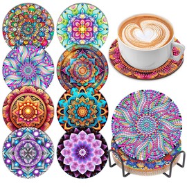 SOEWIOU Diamond Painting Coasters with Holder,8 Pcs Mandala Diamond Art Coasters 5D DIY Art Coasters Kits Round Full Drill Diamond Art Craft Supplies for Adults Kids,Beginners