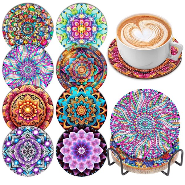 SOEWIOU Diamond Painting Coasters with Holder,8 Pcs Mandala Diamond Art