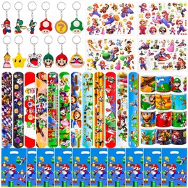 38 Pcs Party Bag Fillers for Kids, Super Birthday Decorations Bros 12 Pcs Keychains 12 Pcs Slap Bands 4 Pcs Tattoos Stickers 10 Party Bags Theme Birthday Decorations Gifts for Boys Girls Adults
