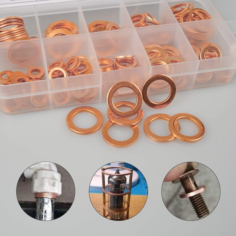 200pcs Solid Copper Washer Set, 9 Size Metric Copper Sealing