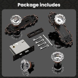 CEYMIO Antique Door Knobs Interior Mortise Lock Brass Door Knob Skeleton Key Crystal Glass Door Handle Vintage Oil Rubbed Bronze Door Locks for Bedrooms Bathroom