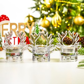 H&D HYALINE & DORA Clear Glass Christmas Reindeer Candle Holder Set of 3 Reindeer Tealight Holder Votive Glass Candle Holder Reindeer Tealight Holder for Holiday Christmas Table