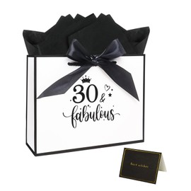 12.6” 30th Birthday Gift Bag Large White Gift Bag with Tissue Paper for Birthday Anniversary