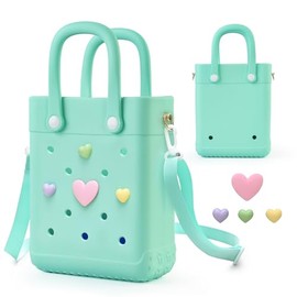 Mini Rubber Tote Bag with 4 Resin Charms Mini Crossbody Rubber Tote X-Small Rubber Beach Tote Bag for Girls (Green)