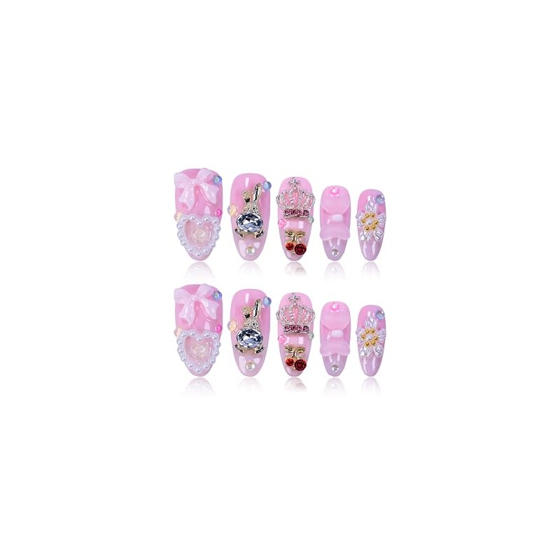 24 uñas postizas hechas a mano con lazo rosa 3D,