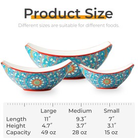 LAUCHUH Serving Bowls with Handles, Bohemian Porcelain Serving Dishes for Entertaining Colorful Nesting Bowls Salad Bowls for Kitchen, Thanksgiving, Christmas, Set of 3, 15/28/49 oz, Blue and Red