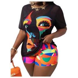 BEAUDRM Women's 3 Piece Plus Size Swimsuit Tankini Shorts Set High Waisted Bathing Suit Graphic Beachwear with Mesh Cover Up Multicolor 4X-Large Plus