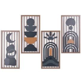SHENGTIAN Boho Wall Art Set of 4 Modern Minimalist Wooden Narrow Vertical Blue Wall Decor, Abstract Geometric Wood Wall Art, Unique Hanging Room board wall mounted sculpture [E style - cool color]