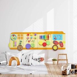 BlueWood School Bus Wall Busy Board Panels, Toddler Learning Activity Center, Montessori Philosophy Sensory, Educational Toys, Conducive to All-Round Development
