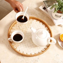 AMIDECOR Rattan Round Serving Tray with Mother of Pearl Inlay, Centerpiece Table Decorations, Coffee Table Tray, Decorative Tray for Home Decor, Living Room and Kitchen Boho Decor (J, M)