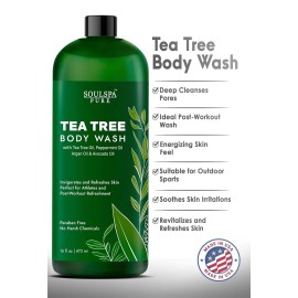 SOULSPA PURE Tea Tree Body Wash 2-Pack– 16oz Each, Peppermint Odor & Itch Relief