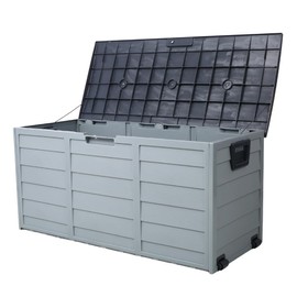 75 Gallon Outdoor Storage Box, Waterproof Lockable Resin Deck Box with Wheels, Side Handles for Patio Furniture Cushions, Throw Pillows, Garden Tools, Pool Floats, Gray
