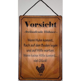 Blechschild Blechemma with cord 30 x 20 cm Vorsicht free-range chickens