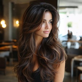 Long Brown Blonde Wigs for Women with Curtain Bangs 26inch Shake and Go Curtain Bang Wig,Skunk Middle Parting Synthetic Wavy Hair with Brown Highlight for Girls Daily Party Use