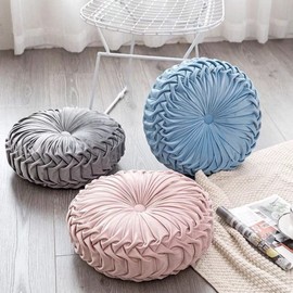 13.7 Inch Round Sofa Pillow Pure Velvet Home Decor Pleated Round Pillow Pumpkin Pillow Suitable for Home Bed Car Decoration (Grey)