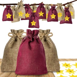 Adventino Adventskalender Advent Calendar Bags for Filling - “Advent Stars” with 24 Jute Bags and Star Number Stickers for Men, Women, Children and Couples