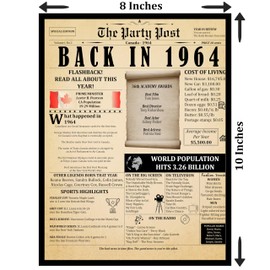 61st Birthday Decorations - Anniversary Banner for Men or Women. Party Table Decor Poster. Back In 1964 Happy Bday 8x10 Sign Born 61 Years Ago Vintage Newspaper Card Turning 61 Years Old with Stand