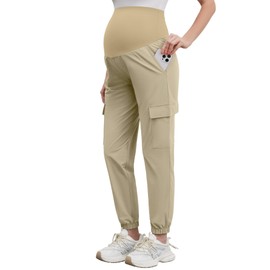 POSHGLAM Maternity Cargo Joggers Quick-Dry Lightweight Casual Lounge Hiking Active Pants(Khaki, Large)