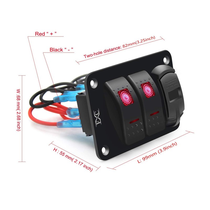 FXC 12V 24V DC 2 Gang Rocker Switch Aluminum Panel