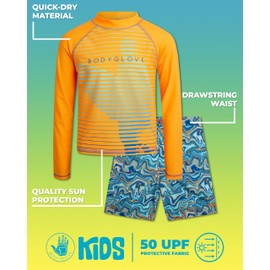 Body Glove Rashguard-Schwimmset für Jungen, 2-teilig, UPF 50+, Schwimmshirt und Badeanzughose für Jungen (4–12), Orange Swirl Surf, 8