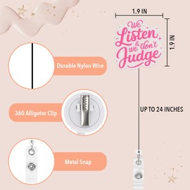 Funny Badge Reel Retractable Clip Cute Nurse Teacher Coworkers Social Worker Doctor Badge Reel Gifts for Women We Listen We Don't Judge Badge Holder Work Office Alligator Clip Badge Accessories