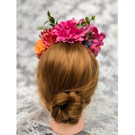 FANFAN Fuchsia Mexican Flower Crown Headband with Dahlia Flower - Cinco de Mayo Headpiece for Festivals & Day of the Dead Costumes & Cultural Carnival D3 (Fuchsia, One Size)