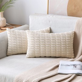 MIULEE Pack of 2 Corduroy Cream White Square Cushion Cover 30x50 cm 12x20 inch Boho Decorative Throw Pillowcase for Living Room Sofa Bedroom