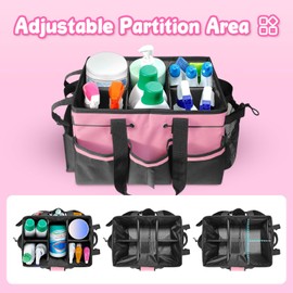 Grekos Wearable Cleaning Cadd y Bag, Cleaning Caddy for Cleaning Suppliers Organizer with Multiple Compartments, Handle & Shoulder Straps Cleaning Tool Organizers for Cleaners & Housekeeper (Pink)